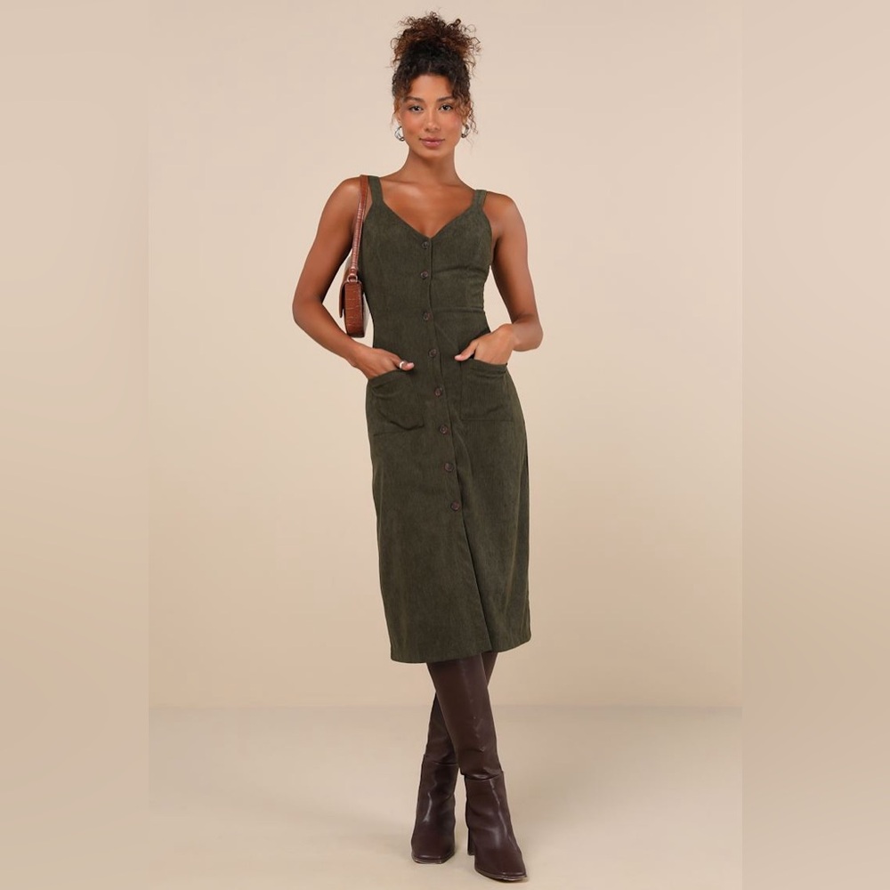 Lulu's Certainly the Sweetest Olive Corduroy Button-Front Midi Dress Forest Smal